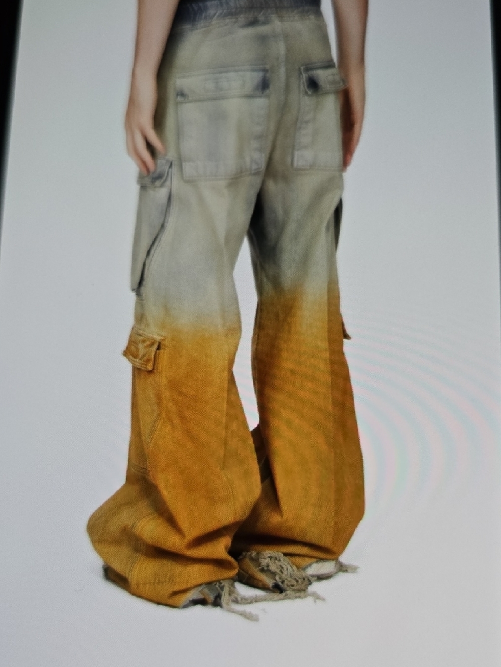 Rick Owens Two-Tone Cargo Jeans in Olive Green and Burnt Orange - Picture 2 of 3